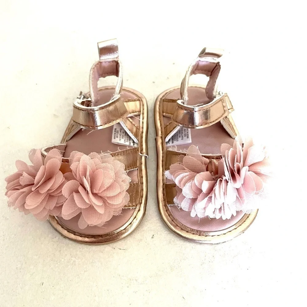 FIRST STEPS Pink chiffon flower baby sandals- 6-9M